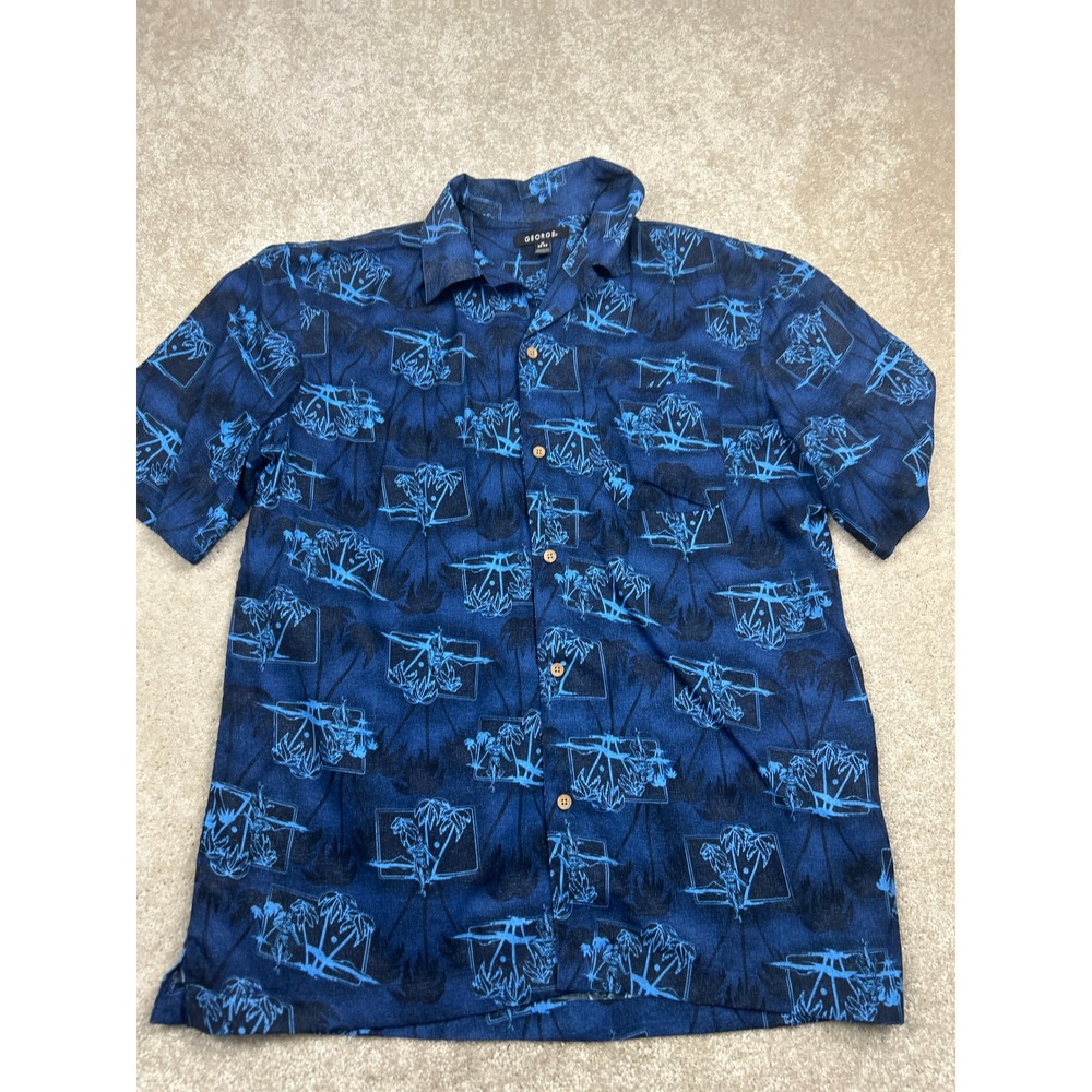 George Men's Hawaiian Shirt M Navy Hula Girl Palm Tree Rayon Aloha Tropical